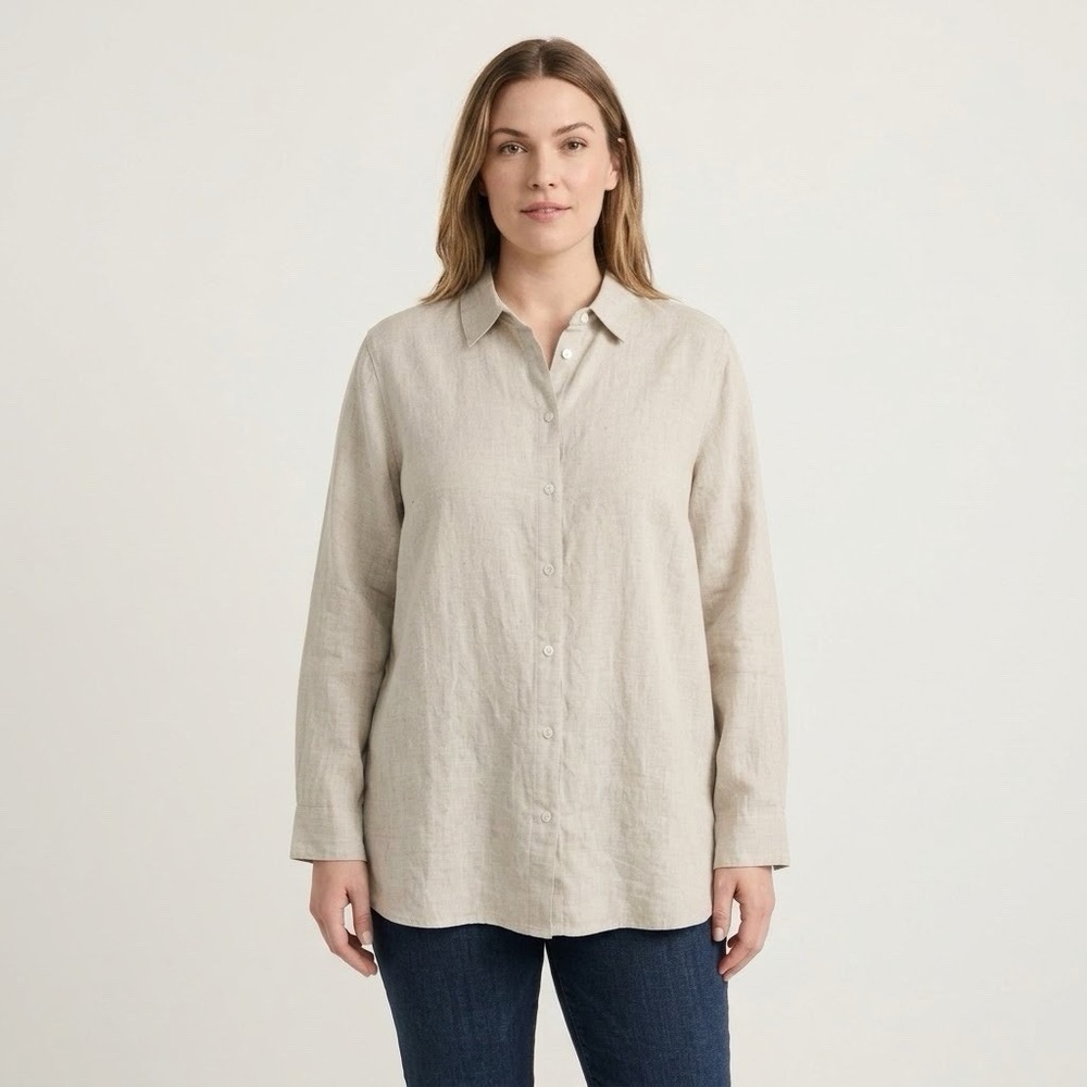 J.Jill Shirt Women 1X Beige 100% Linen Long Sleeve Button Down Collared Woven